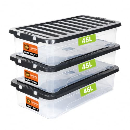 SAFARIPAK 3 x 45 Litre Underbed Clear Plastic Storage Boxes with Lids, Clip-Lock Lid, Sturdy Stackable Space Saving Box, Lidded Containers for Home, Kitchen, Moving, Garage, Office & Organisation
