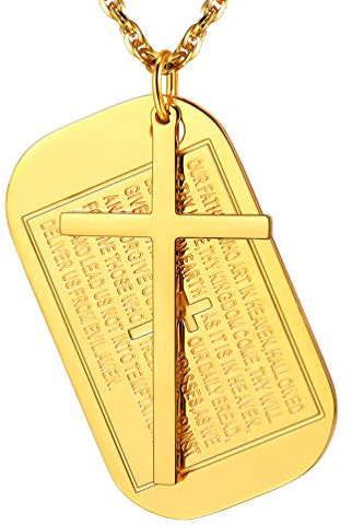 PROSTEEL Placa de Oro con Crucifijo Cadena Militar Hombre con Texto de Animo