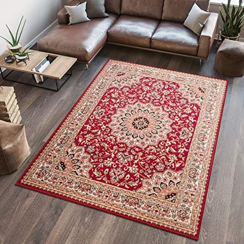 TAPISO Atlas Teppich Kurzflor Rot Creme Grün Klassisch Orientteppich Floral Mäander Orient Design Wohnzimmer Schlafzimmer ÖKOTEX 80 x 150 cm