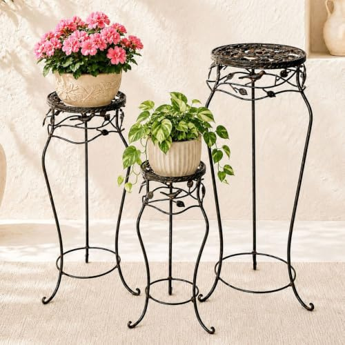 DanDiBo Blumenständer Metall Schwarz/Braun Antik Rund 18215 3er Set 52 cm / 65 cm / 78 cm Pflanzenständer Blumenhocker Beistelltisch Blumensäule Pflanzenhocker