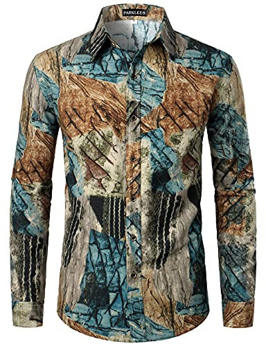PARKLEES Mens Retro Traditional Ethnic Pattern Printed Linen Long Sleeve Button Down Shirt Turquoise XL