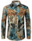 PARKLEES Mens Retro Traditional Ethnic Pattern Printed Linen Long Sleeve Button Down Shirt Turquoise XL