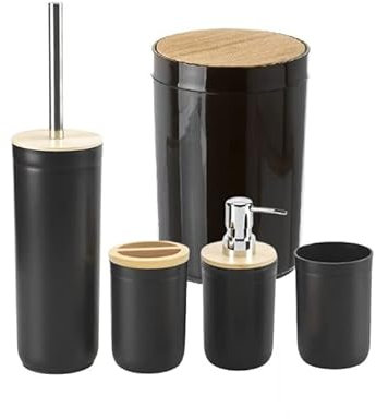 D,casa - Set Accesorios Baño de Bambú Negro Estilo Factory - Juego de 5 Piezas