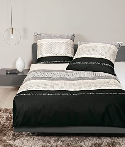 Janine Bettwäsche 240x220cm + 2X 80x80cm - weicher & atmungsaktiver Mako Satin Bettbezug - 100% Baumwolle - schwarz beige - für erholsame Nächte
