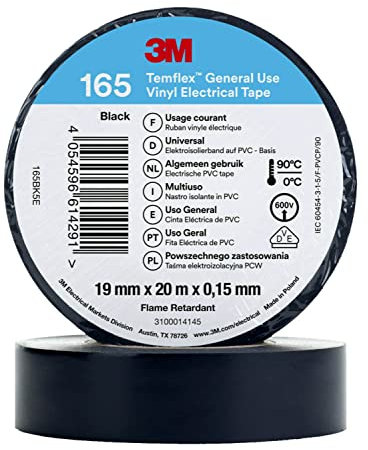 3M Temflex 165 Ruban isolant, en vinyle, noir, 0,152 mm x 19 mm x 20 m