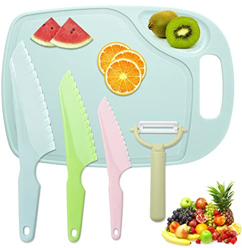 FACATH 3 Piece Kids Plastic Knife Set, Toddler Safe Nylon Kitchen Cooking Knives with Cutting Board & Peeler, Serrated Edges Lettuce Knife for Fruit, Bread, Cake, Salad