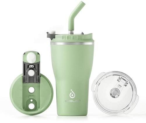 Ideus Isolierbecher 14oz (420ml), Doppelwandige Kaffeetasse Edelstahl Kaffeebecher Reisebecher mit auslaufsicherer Abdeckung und Stroh, geeignet für heiße und kalte Getränke (Grün)