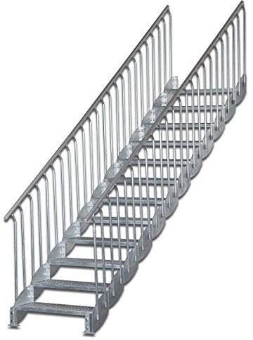 Wangentreppe Scarlo 1000 mit Bodenstütze, 14 Stufen, Höhe 2,72-3,00 m, beidseitiges Geländer, Premium Ausstattung, feuerverzinkt, Stahltreppe, Außentreppe
