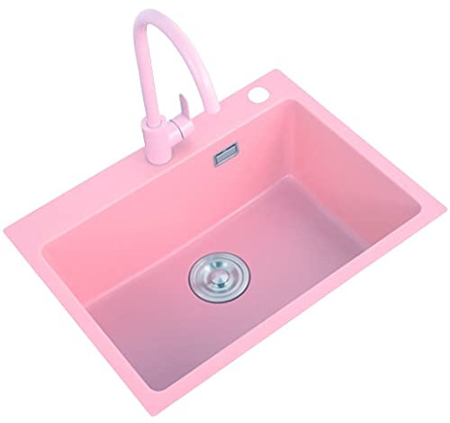 Fregadero Cocina Fregaderos De Cocina De Color Rosa, Con Grifo Fregadero De Barra De Piedra De Cuarzo, Fregadero De Preparación Cuadrado De Un Solo Tazón, Instalación Empotrada O Bajo Montaje, Fácil