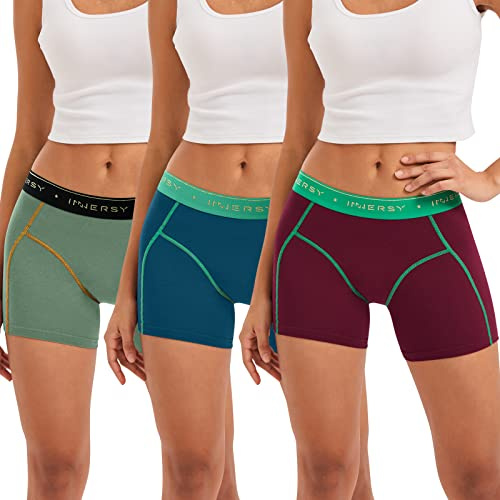 INNERSY Womens Boxers Underwear Ladies Boxer Shorts Knickers Pack of 3 | Stretch Cotton Boyshorts Panties, Mid Rise Pants, Sporty Logo Waistband, Tag-free, Under Dresses/Skirts, for Daily Wear