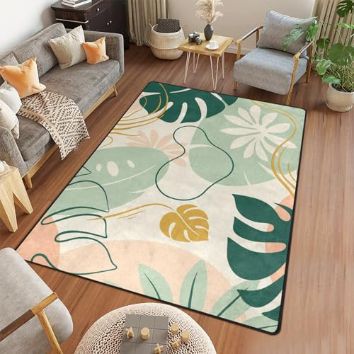 9CH Tapis vert botanique 2,1 x 1,5 m, imprimé botanique bohème rose pour salon, chambre à coucher, cuisine, tapis de sol antidérapant pour salle à manger, buanderie, bureau