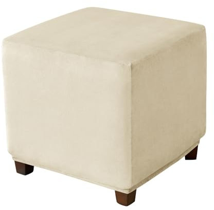 CLGTY Samt Hockerbezug Quadratisch, Stretch Antirutsch Ottomane Sitzhocker Bezug, Abnehmbar Wohnkultur Hockerbezug Mit Elastisch Unterseite-Beige-45×45CM