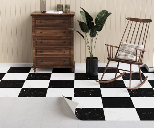 Oxdigi PVC Bodenbelag Selbstklebende 6 m², Marmoroptik Vinylboden Bodenfliesen für Eingangstür, Wohnzimmer, Küche, Abstellraum, Zuschneidbar Vinyl-Fußböden 0,6 x 10 m Schwarz Weiß Schachbrettmuste