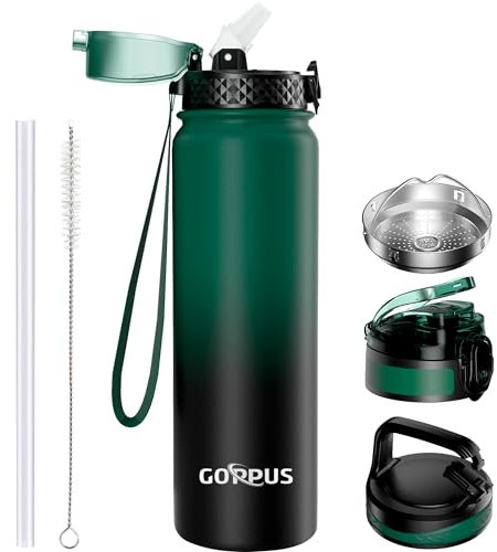 Goppus 1L/32oz Bouteille d'eau Acier Inoxydable avec Paille Bouteille d'eau Thermique Chaude à Double Paroi en Acier Bouteilles d'eau Isolées Bouteille d'eau Froide étanche Adulte avec 3 Couvercles