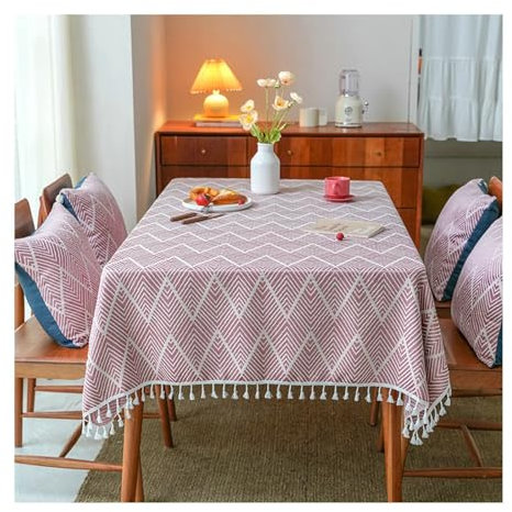 Gualiy Nappe Rectangulaire Lin, Nappe Table 140x140CM Nappe Lavable Tissu Rayures Ondulées avec Glands Nappe pour Table de Cuisine, Rose Clair