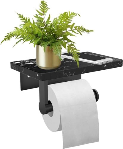 Marble toilet paper holder with shelf, toilet paper holder screw wall mounted, aluminium paper towel holder with storage, for bathroom toilet no drilling hygiene black roll holder