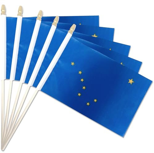 Handflaggen Alaska, 12,7 x 20,3 cm, kleine Flagge des Bundesstaates Alaska auf Holzstäben mit Speerspitze, Mini-Alaska-Flagge für Wahlen, patriotische Dekorationen, Unabhängigkeitstag, 20 Stück