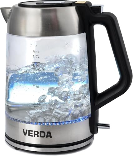 Wasserkocher 1,7L, 2200W, Edelstahl, LED-Beleuchtung, Kalkfilter, OneTouch-Verschluss, Kabelaufwicklung, Glas Wasserkocher, Glas, 100% BPA FREI 360° Basis (SN0617L-12)