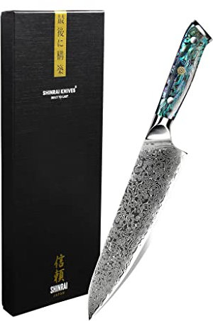 Shinrai Japan Japanisches Messer 20 cm - Damastmesser mit Perlemuster - Kochmesser Japanisch - Handgefertigte Qualität Damastmesser aus 67 Lagen Damaststahl - Damast Küchenmesser mit Luxus-Geschenkbox