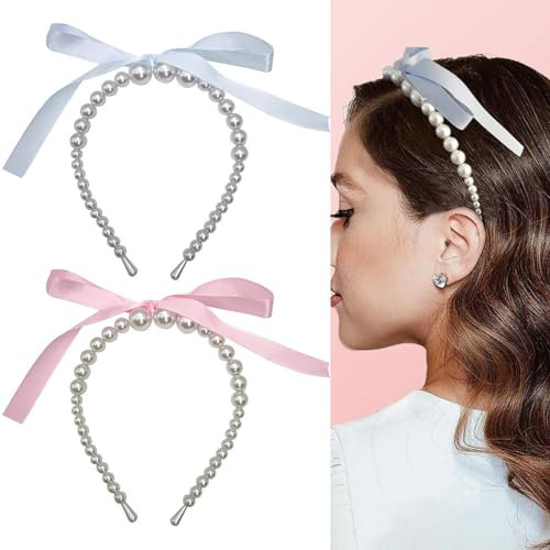 2PCS Pearl Headbands with Pink and Blue Bow Ribbons, Faux Pearl Hair Hoops for Women and Girls, Bridal Hair Accessories