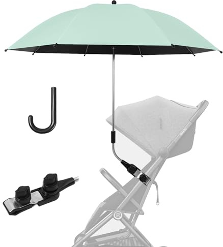 Universal Pram Umbrella, 360° UV Protection Pram Parasol Baby Stroller Umbrella with Adjustable Fixing Clamp for Pushchair Buggy Beach Chair, 85 cm Diameter (Green)