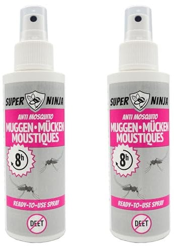 Super Ninja Anti Moustique Protection 2 Pack - Spray Anti-Moustiques, Sans DEET, Prêt à l’Emploi, Repousse les Moustiques et les Tiques, Sûr pour les Enfants de 1 An et Plus
