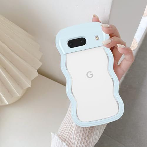 QLTYPRI for Google Pixel 7a Case Cute Curly Wave Frame, Light Blue | Cute Curly Wavy Frame,Clear Back Phone Case for Girls Women,Soft Silicone TPU Bumper,Transparent Shockproof Protective Cover