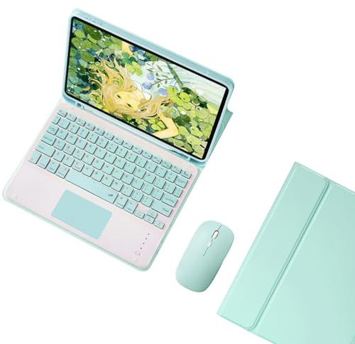 Étui Clavier Magnétique pour iPad Air 5 2022/ Air 4 2020 10,9 Pouces avec Porte-Crayon, Coque Arrière Souple Housse avec QWERTY Clavier Bluetooth Multi-Touch et Souris Rechargeable, Vert-A