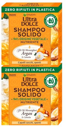 Garnier Ultra Dolce Shampoo Solido Nutriente Oli Meravigliosi Argan e Camelia con Ingredienti di Origine Naturale Nutre e Dona Leggerezza a Capelli Secchi e Spenti - 2 Shampoo Solidi da 60g