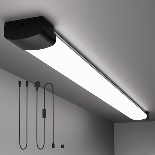 Amdelne 6000K LED Batten Light, 1.4FT, 16W Plug-in Ceiling Light, IP65 LED Ceiling Strip Lights for Garage, Office, Bedroom, Living Room, Wall, Kitchen, Shed, Outdoor (Black)