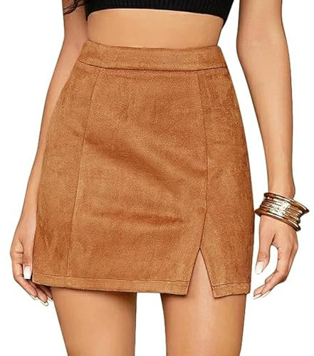 fdsmall Damen Röcke Faux Wildleder Hohe Taille Bodycon Rock Mini Side Split Mini Röcke A Line Bleistift Kurzer Rock mit Reißverschluss (DE/NL/SE/PL, Alphanumerisch, L, Regular, Regular, Khaki)