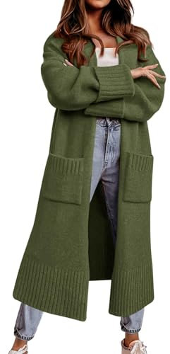 Imily Bela Cardigan da donna con cappuccio, a maniche lunghe, a maglia grossa, aperto, autunno, inverno, casual, cardigan, Verde militare, L