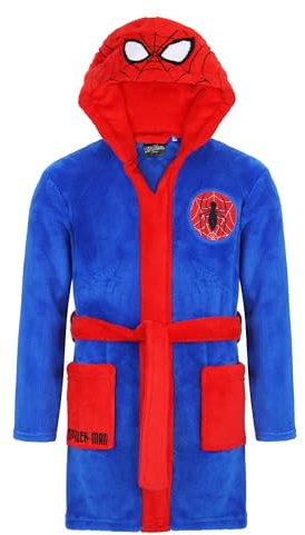Spiderman Bademantel Kinder Jungen Fleece, Spidermann Morgenmantel Kinder mit Kapuze (DE/NL/SE/PL, Numerisch, 110, Regular, Blau-Rot)