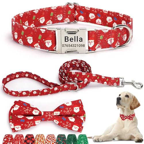 SEOUGEE Weihnachts-Hundehalsband, personalisierbar mit Fliege und Leine, verstellbare Hundehalsbänder und Leine aus Baumwolle, mit gravierter Metallschnalle für kleine Hunde (rotes Weihnachtsmann-Set,