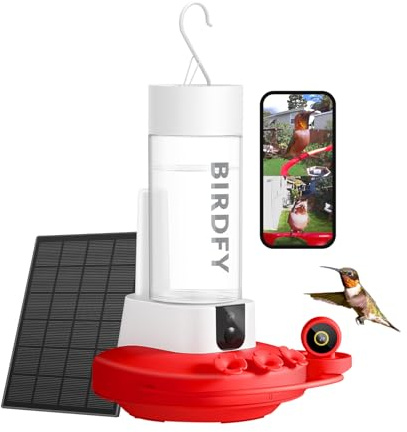 Birdfy Hummingbird Feeder with Dual Cameras - 2K HD Smart Cameras Solar Powered, Close-Up Bird Video/Live Watching & Instant Notifications, Ant Moat & Leakproof for Outdoor Hanging - 20oz