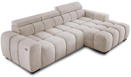 Ecksofa OMBO 285x168x77/97 cm, Rechte Seite Mit Schlaffunktion, Elektrisch Ausziehbarer Sitzfläche, Verstellbaren Kopfstützen, Dunklen Buchenholzfüßen, Hydrophobem SALVADOR-Bezugstoff - Weiß