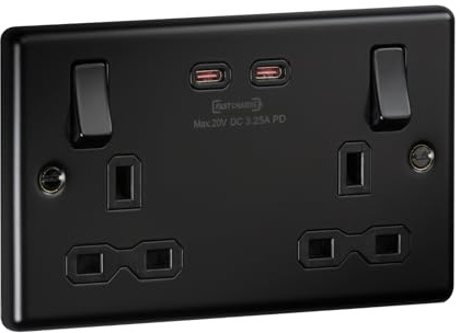 Raised Edge Double Switched Socket, Rounded, Dual USB-C [65W Fast Charge] – Matt Black