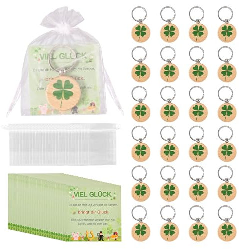 24 Set Glück Schlüsselanhänger Holz,Vierblättrige Kleeblatt Holz Glück Schlüsselring,Viel Glück Geschenke Set Inkl Glücksbringer Schlüsselkarabiner,Viel Glück Karten,Netzbeutel mit Zugband Glück