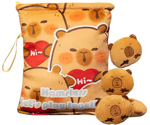 Snacktasche Für Kinder - Plüsch Capybara Puppe Snackbeutel,Weiches Kuschelkissen mit Trageschlaufe, Schlüsselanhänger mit 4 Puppen für Vorschulkinder, Schüler, Frauen, Mädchen, Reisen und