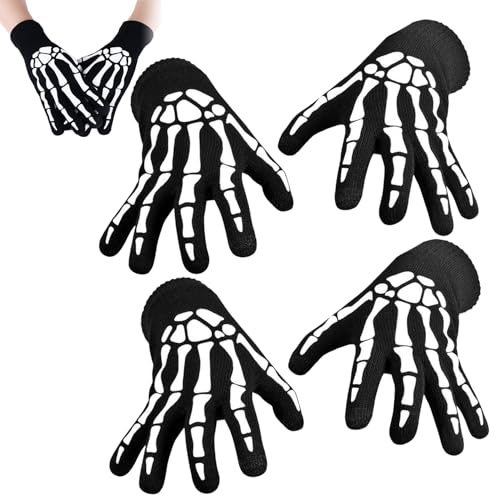 Skelett-Handschuhe, Vollfingerhandschuhe für Halloween, Handschuhe Totenkopf Knochen Gemustert, Schwarz Leuchtende Skelett Hand, Skull Bone Skeleton Gloves Glow in the Dark für Erwachsene und Kinder