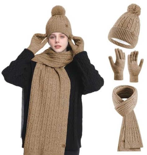 HOSPAOP Mütze, Schal & Handschuh-Sets für Damen 3 in 1 Set – Wintermütze Damen Beanie mit Bommel, Schal Winter, Touchscreen Handschuhe, Wärmeset für Outdoor & Alltag