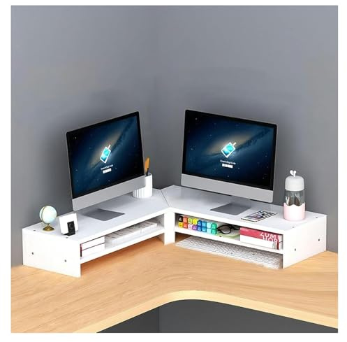 KEuLen Corner Computer Monitor Stand Riser, Corner Monitor Stand Corner Desk Monitor Stand For 2 Monitors, Office Desktop Organizer(White)
