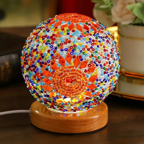Türkische Nachtlichter im Vintage-Stil, Mosaik-Glas-Lampen mit Holzsockel, 5 V, böhmische Nachttischlampe, Ramadan/Eid-Dekorationen, Yoga- und Meditationslampe, Feiertagspartner-Dekor Boho-Orange