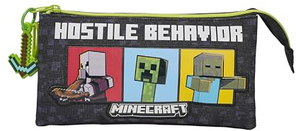 CYPBRANDS- Minecraft, Estuche Triple, Portatodo, 5 Compartimentos, Material Escolar, Color Negro, Producto Oficial