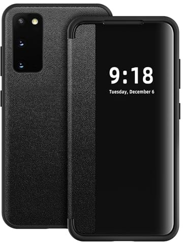 Handyhülle für Samsung Galaxy S20 Hülle S View Flip Case, Transluzente Flip Handy Tasche Case, Weich Silikon Bumper 360 Grad Kratzfest Stoßfest Schutzhülle für Samsung S20 Smartphone (Schwarz)