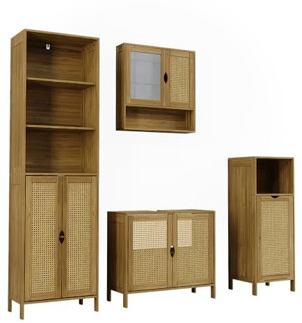 Vicco Badmöbel-Set Liora, Bambus, 68 cm, besteht aus Waschbeckenunterschrank, Spiegelschrank, Hochschrank und Midischrank
