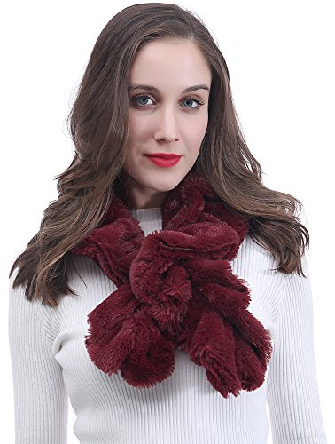 Lina & Lily Damen Winter Schal Halswärmer mit Rüschen aus Kunstpelz Fell (Dunkelrot)
