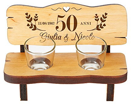 Casa Vivente Panchina per Shot in Legno con 2 Bicchierini da Liquore in Vetro, Incisione Personalizzata Nozze d'oro con Nomi e Data, 50 Anni Uniti nell'Amore