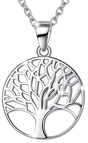 Collier Arbre de Vie Pendentif avec Chaîne en Argent Sterling 925 Plaqué Or Blanc Cadeau Bijoux pour Femme - Chaîne Longueur: 40+5 cm