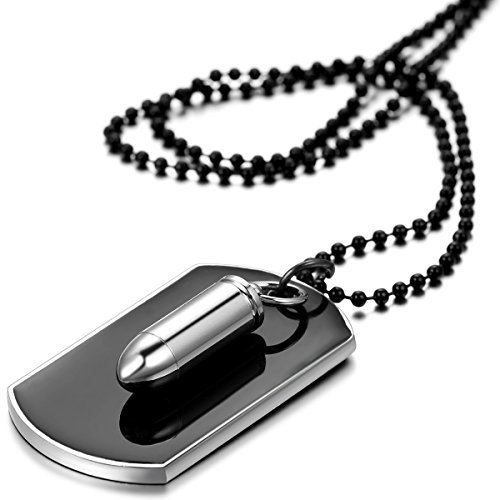 JewelryWe Schmuck Herren Halskette, Gewehrkugel Geschoss Militärischen Erkennungsmarken Armee Stil Dog Tag Anhänger mit 70cm Kette, Schwarz Silber